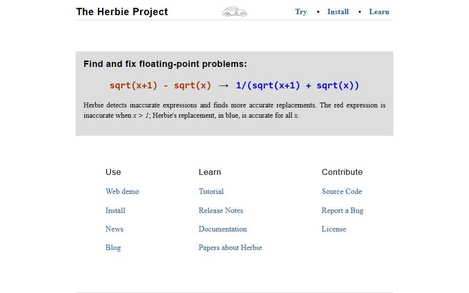 Screenshot of herbie.uwplse.org captured 2026-07-20