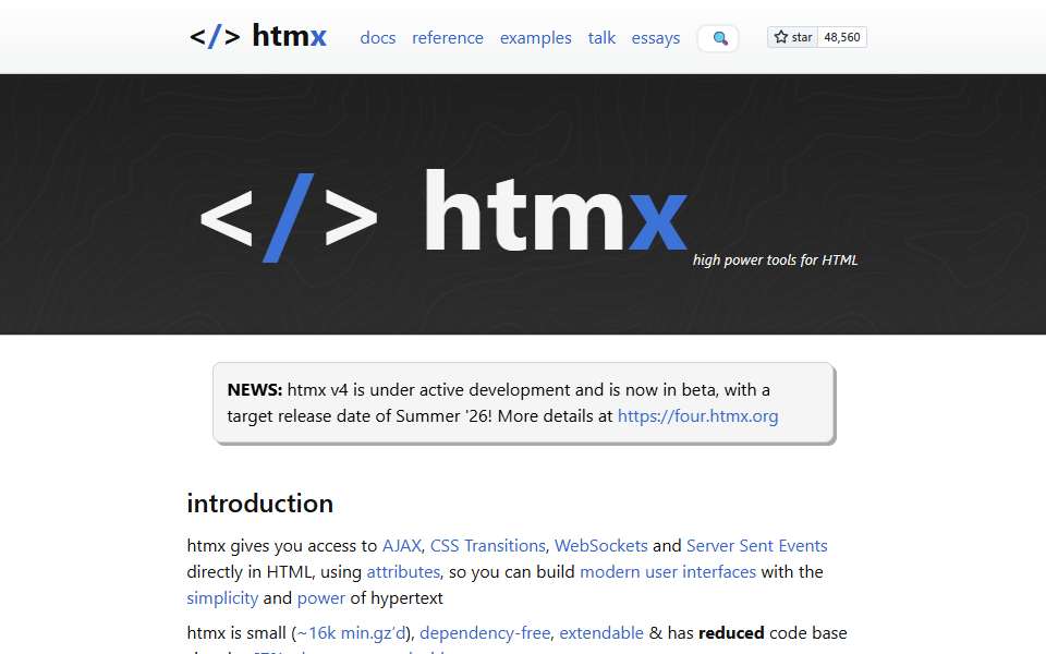 Screenshot of htmx.org captured 2026-07-20