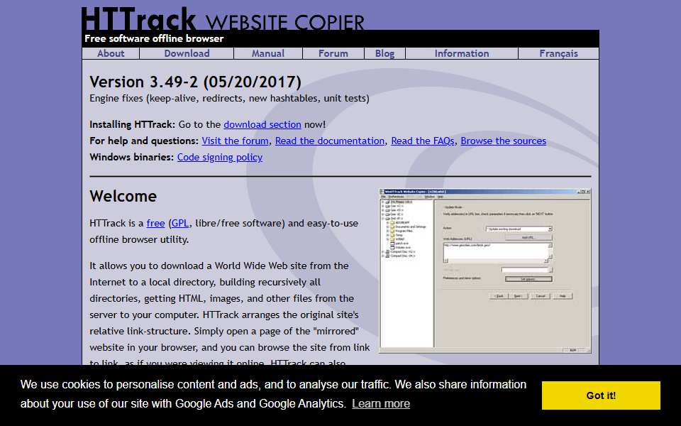 Screenshot of www.httrack.com captured 2026-07-20