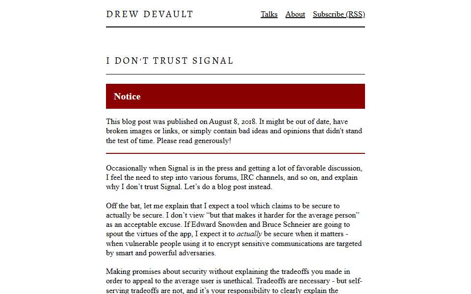 Screenshot of drewdevault.com captured 2026-07-20