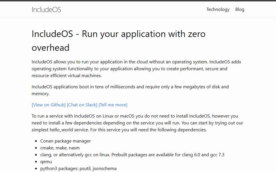 Screenshot of www.includeos.org captured 2026-07-20