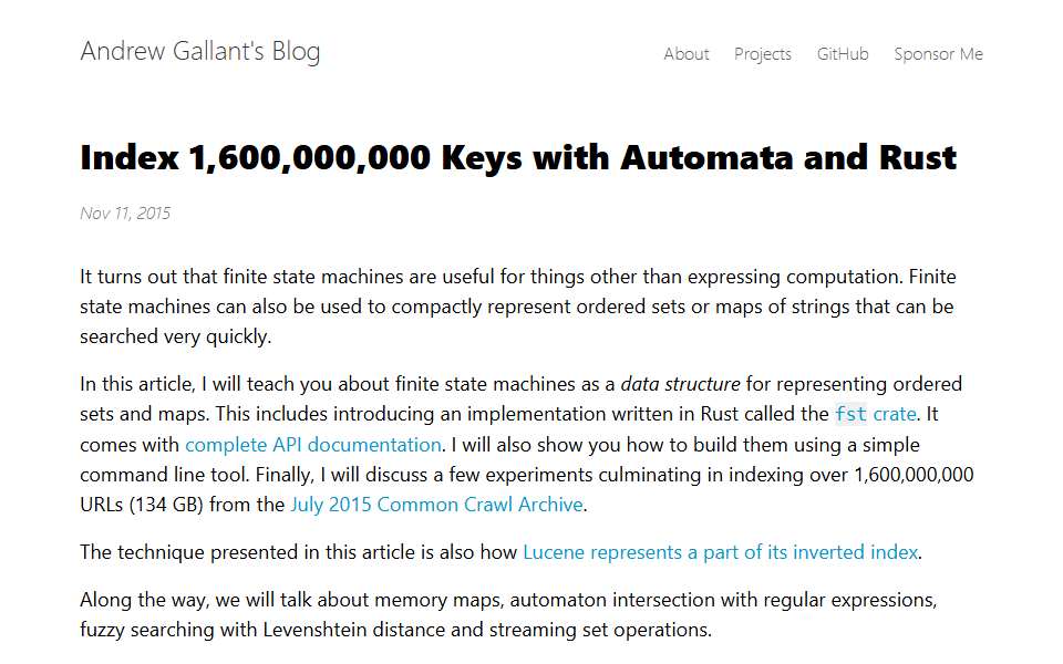Screenshot of blog.burntsushi.net captured 2026-07-20