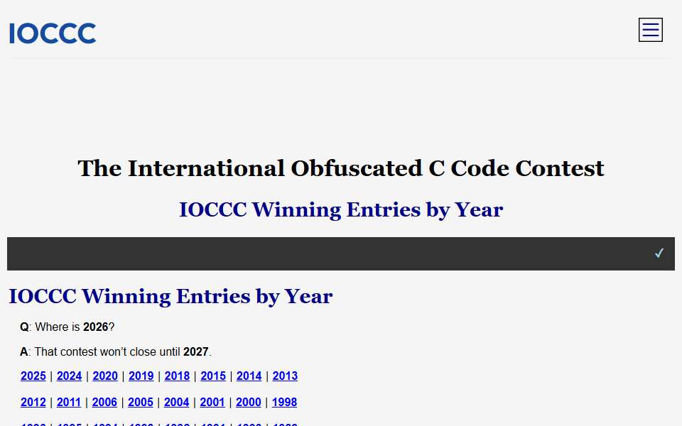 Screenshot of www.ioccc.org captured 2026-07-20