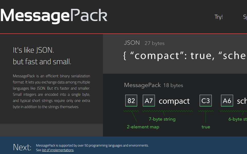 Screenshot of msgpack.org captured 2026-07-20
