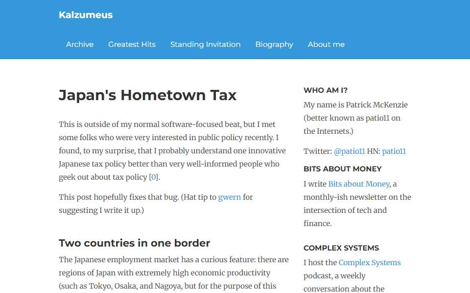 Screenshot of www.kalzumeus.com captured 2026-07-20