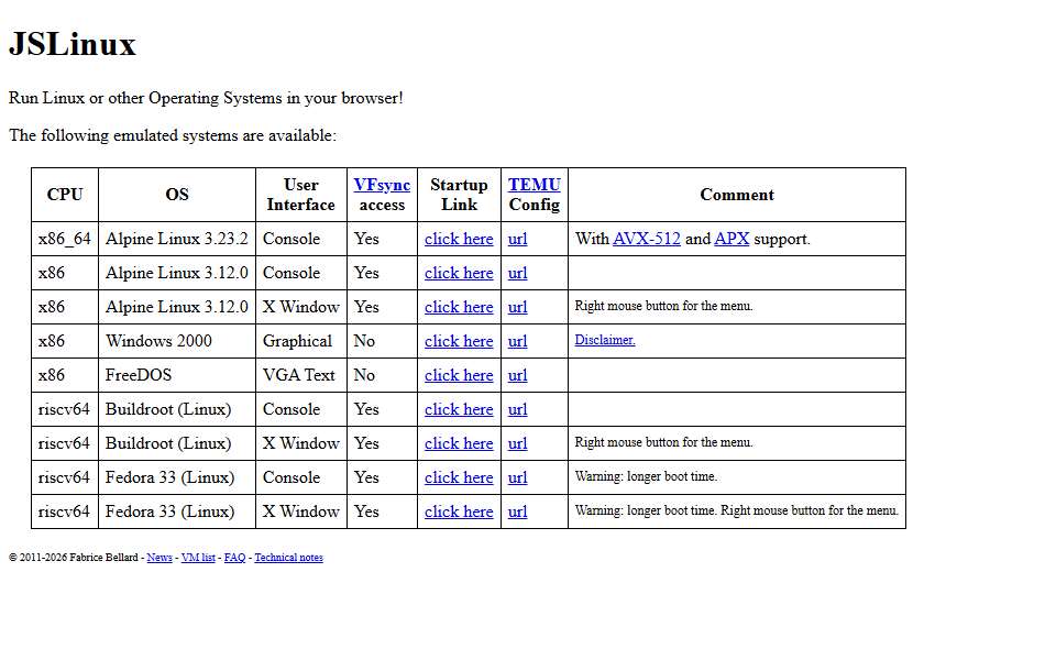 Screenshot of bellard.org captured 2026-07-20