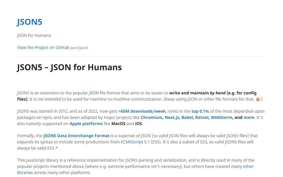 Screenshot of json5.org captured 2026-07-20