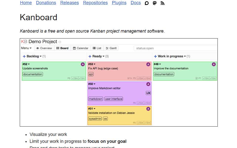 Screenshot of kanboard.org captured 2026-07-20