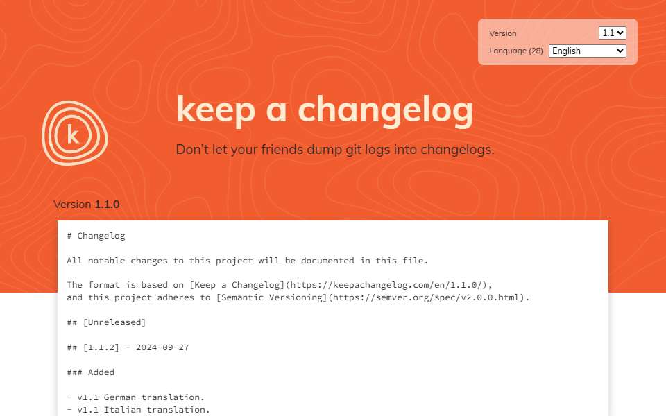 Screenshot of keepachangelog.com captured 2026-07-20