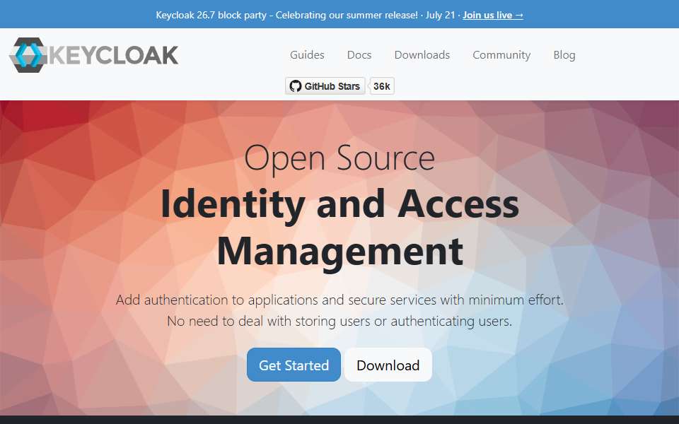 Screenshot of www.keycloak.org captured 2026-07-20