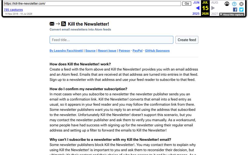 Screenshot of kill-the-newsletter.com captured 2026-07-20