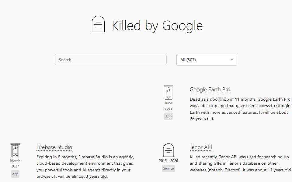 Screenshot of killedbygoogle.com captured 2026-07-20