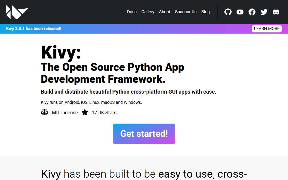 Screenshot of kivy.org captured 2026-07-20