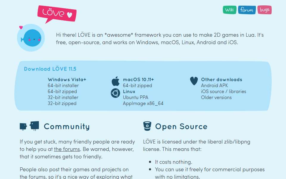 Screenshot of love2d.org captured 2026-07-20