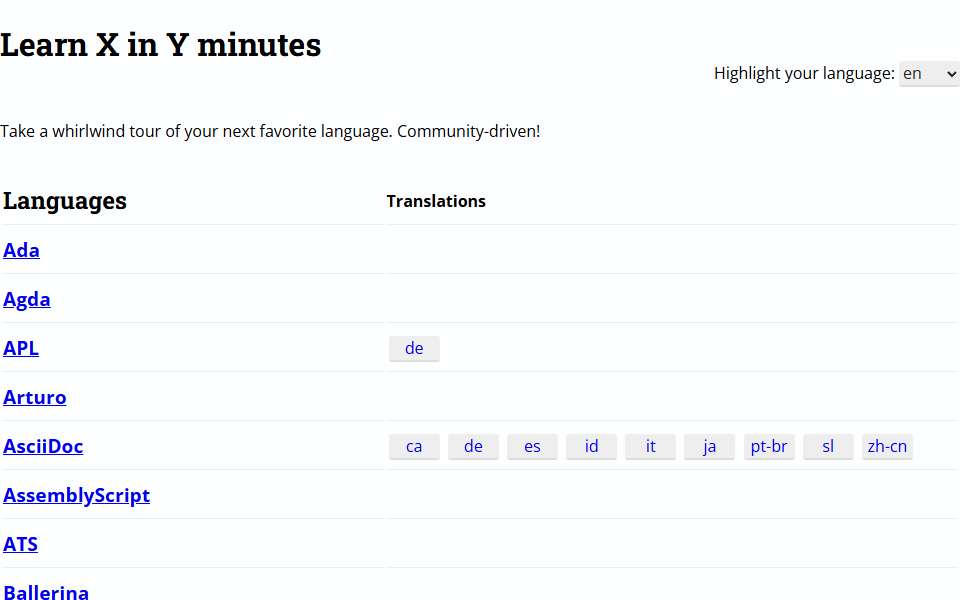 Screenshot of learnxinyminutes.com captured 2026-07-20