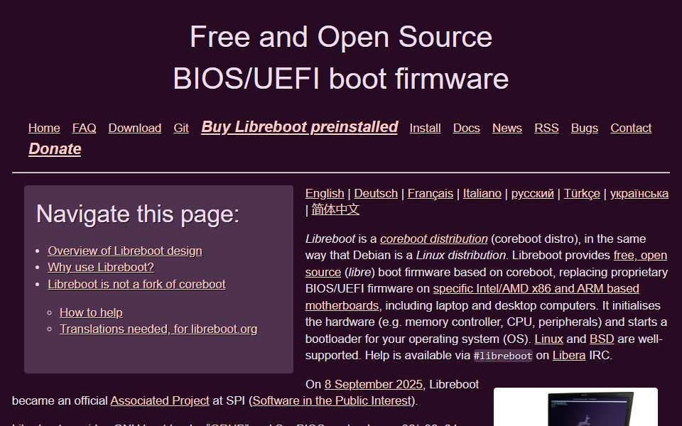 Screenshot of libreboot.org captured 2026-07-20