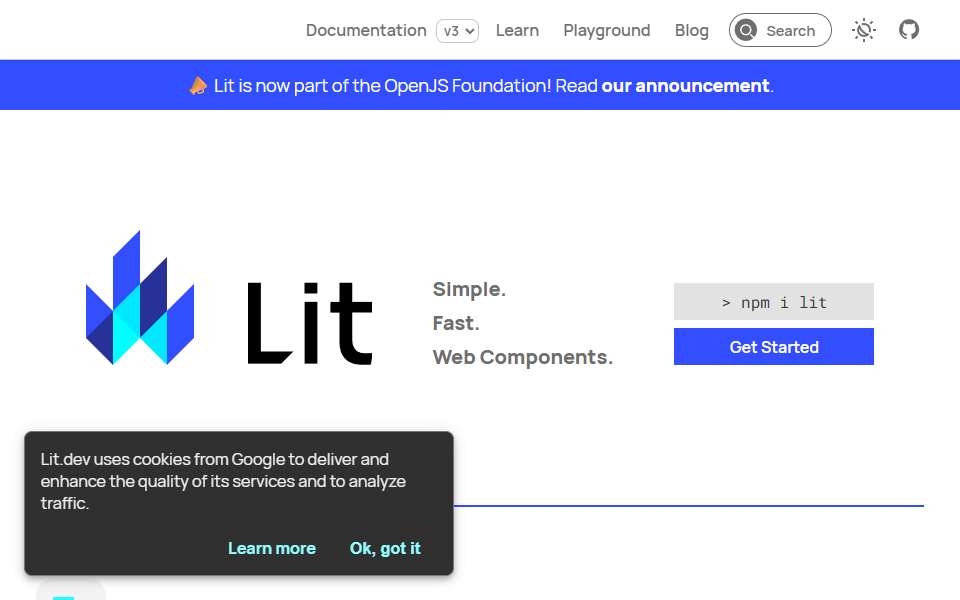 Screenshot of lit.dev captured 2026-07-20