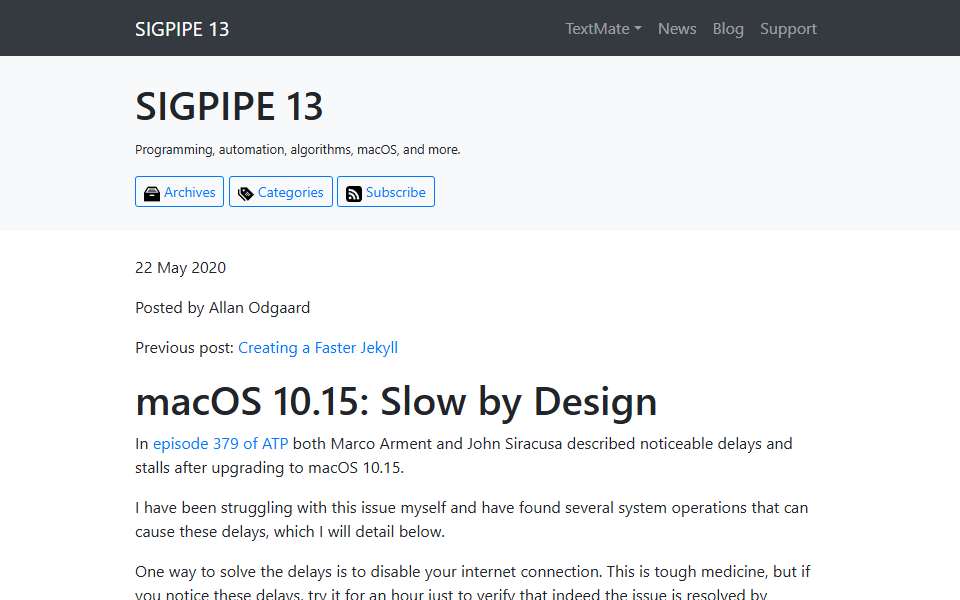 Screenshot of sigpipe.macromates.com captured 2026-07-20