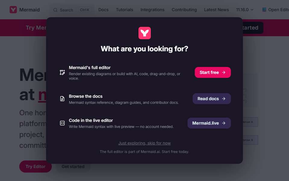 Screenshot of mermaid-js.github.io captured 2026-07-20