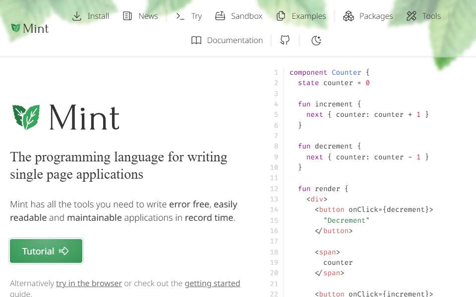 Screenshot of www.mint-lang.com captured 2026-07-20