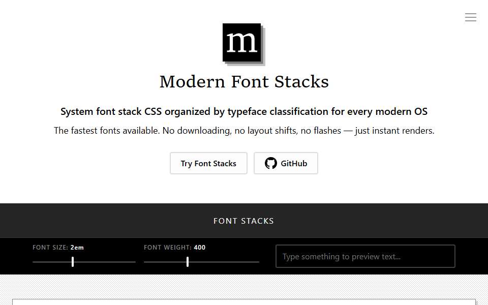 Screenshot of modernfontstacks.com captured 2026-07-20