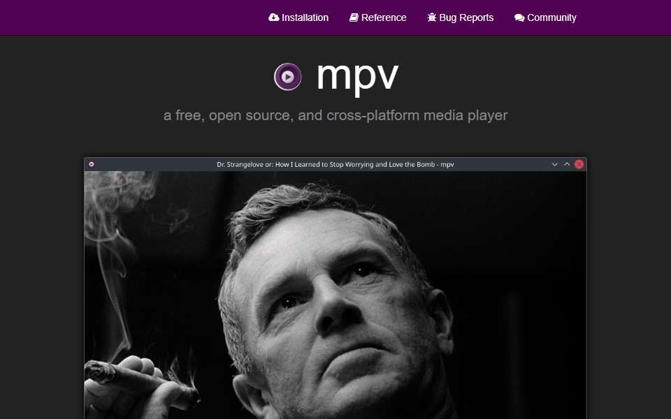 Screenshot of mpv.io captured 2026-07-20