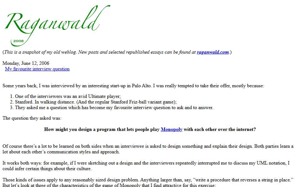 Screenshot of weblog.raganwald.com captured 2026-07-20