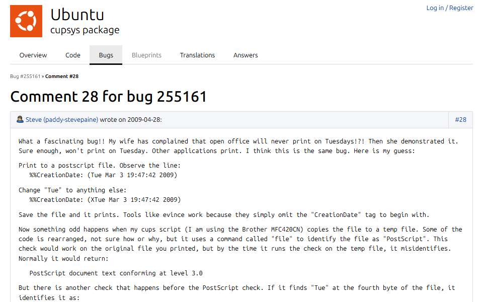 Screenshot of bugs.launchpad.net captured 2026-07-20