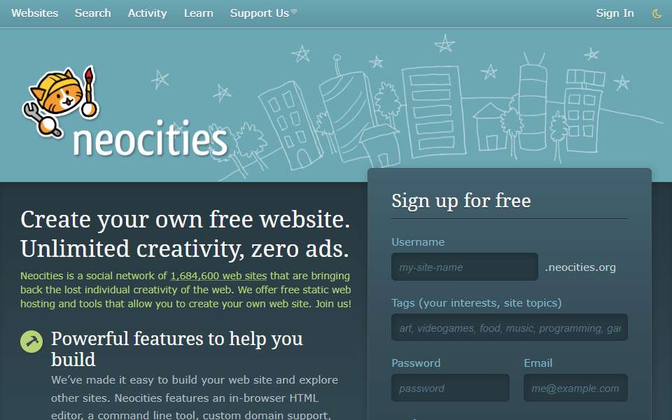 Screenshot of neocities.org captured 2026-07-20