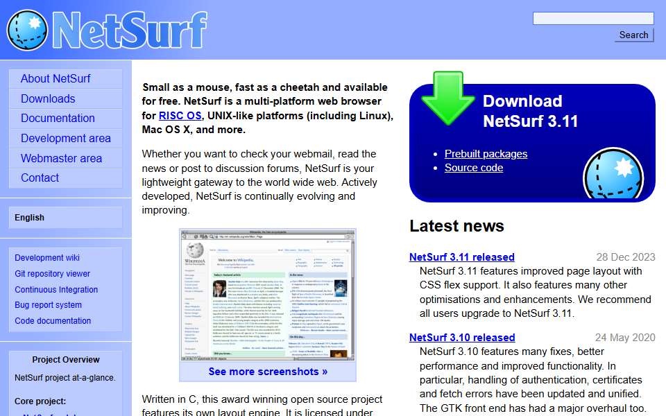 Screenshot of www.netsurf-browser.org captured 2026-07-20