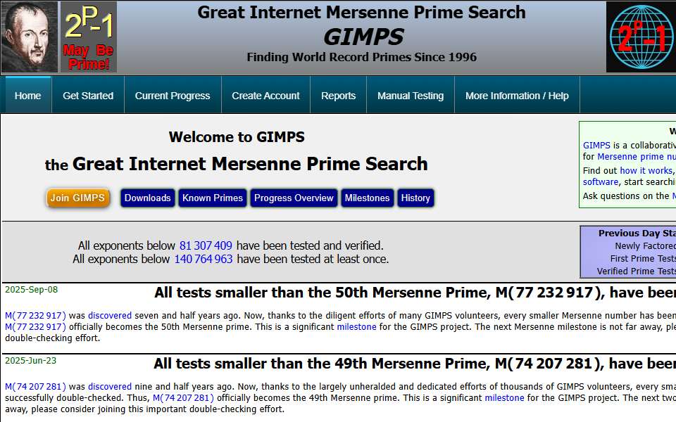 Screenshot of www.mersenne.org captured 2026-07-20