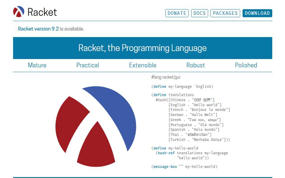 Screenshot of racket-lang.org captured 2026-07-20
