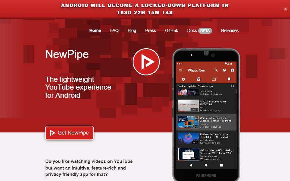 Screenshot of newpipe.net captured 2026-07-20
