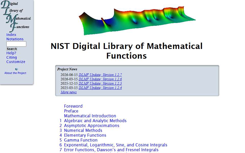 Screenshot of dlmf.nist.gov captured 2026-07-20