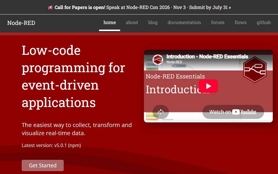 Screenshot of nodered.org captured 2026-07-20