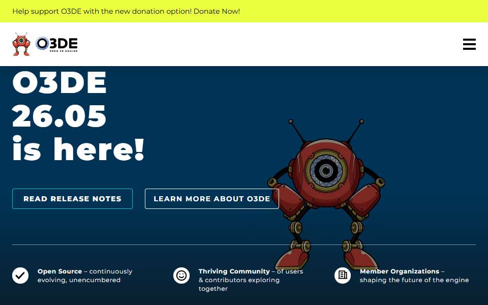 Screenshot of o3de.org captured 2026-07-20