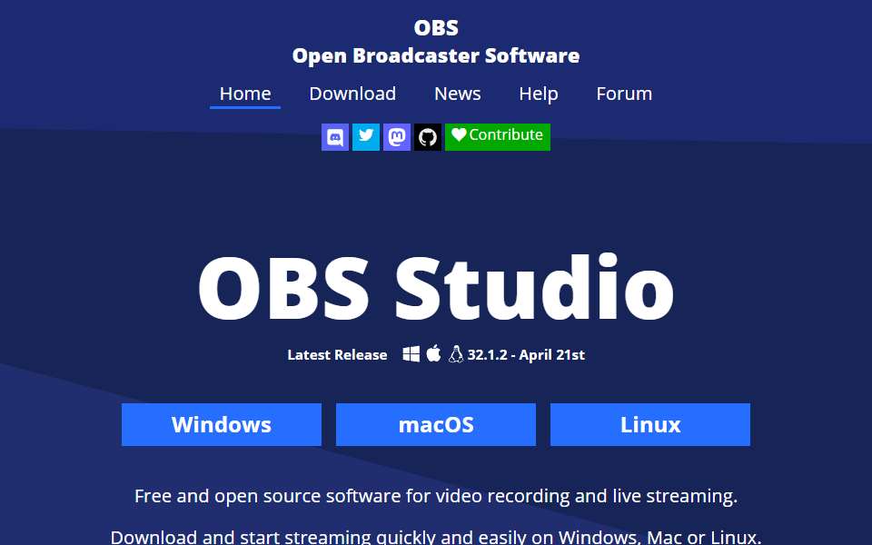 Screenshot of obsproject.com captured 2026-07-20