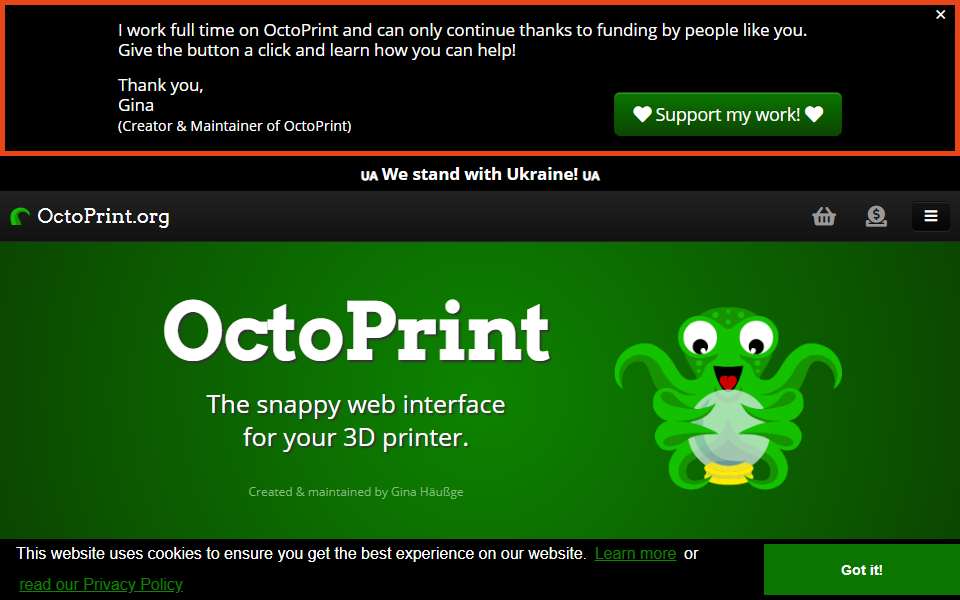 Screenshot of octoprint.org captured 2026-07-20