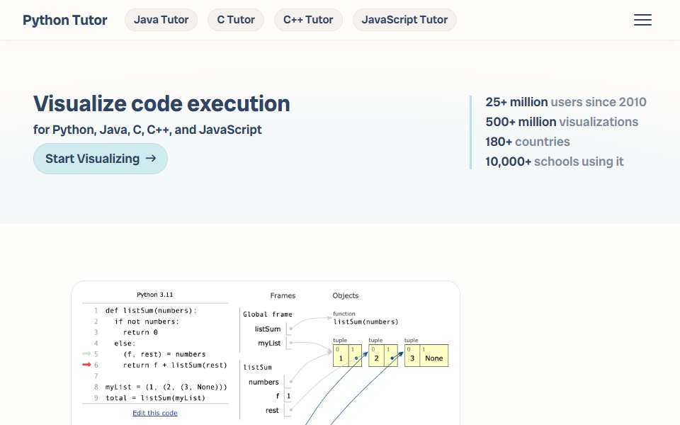 Screenshot of pythontutor.com captured 2026-07-20