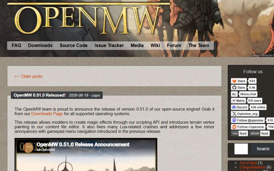 Screenshot of openmw.org captured 2026-07-20