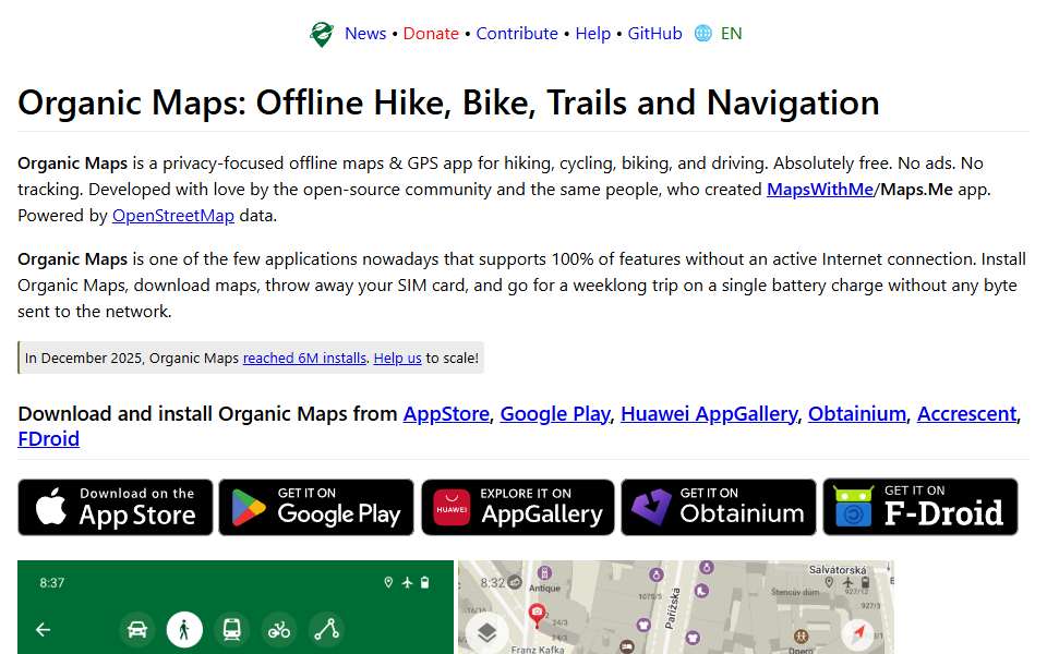 Screenshot of organicmaps.app captured 2026-07-20