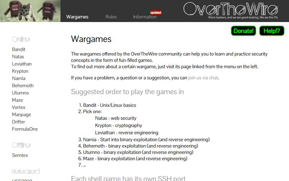 Screenshot of overthewire.org captured 2026-07-20