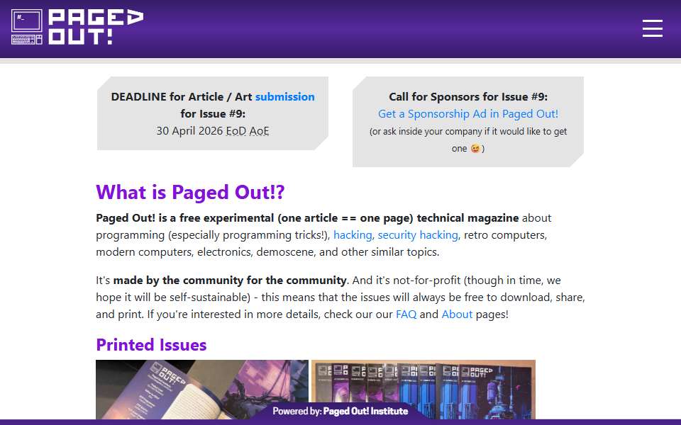 Screenshot of pagedout.institute captured 2026-07-20