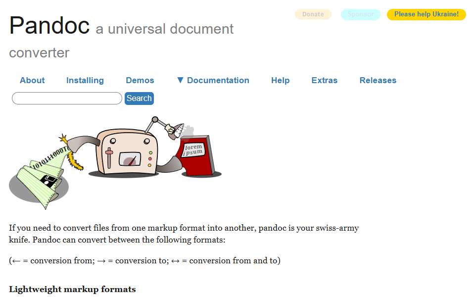 Screenshot of pandoc.org captured 2026-07-20