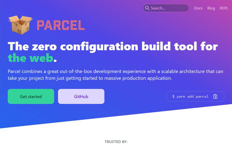 Screenshot of parceljs.org captured 2026-07-20