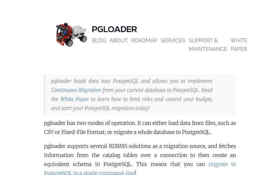 Screenshot of pgloader.io captured 2026-07-20