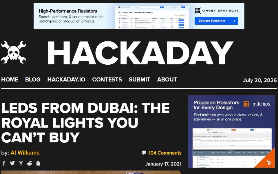 Screenshot of hackaday.com captured 2026-07-20