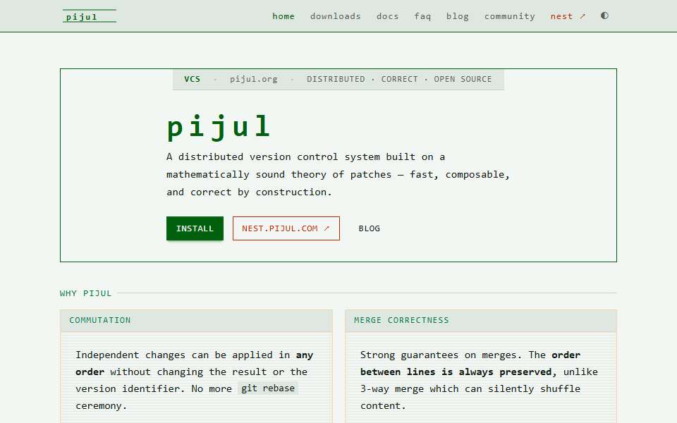 Screenshot of pijul.org captured 2026-07-20