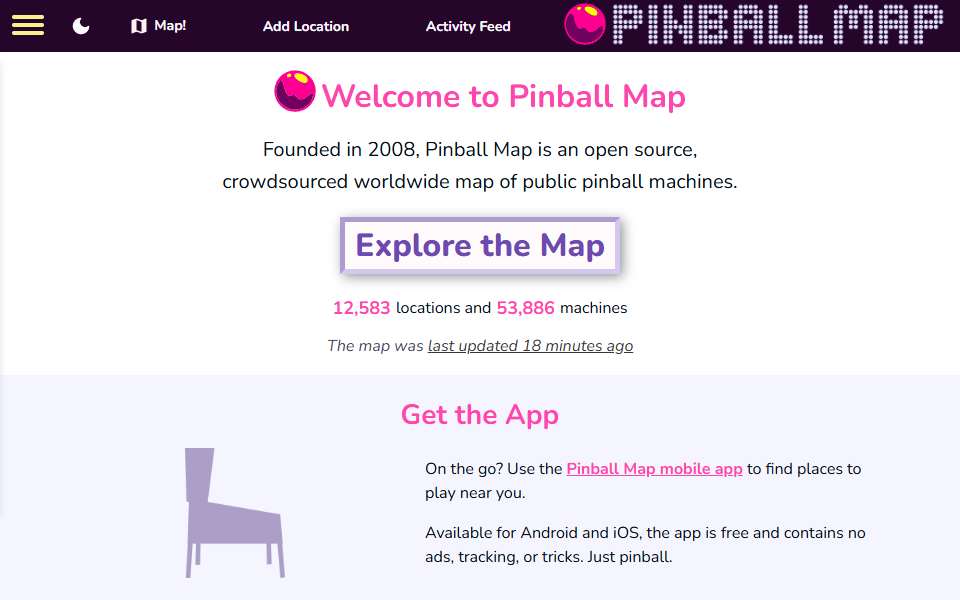 Screenshot of pinballmap.com captured 2026-07-20