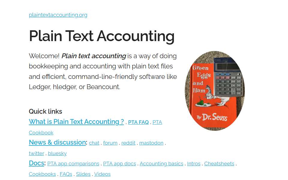 Screenshot of plaintextaccounting.org captured 2026-07-20